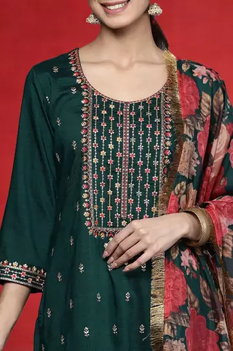 Women Embroidered Regular Sequinned Kurta with Trousers & Dupatta