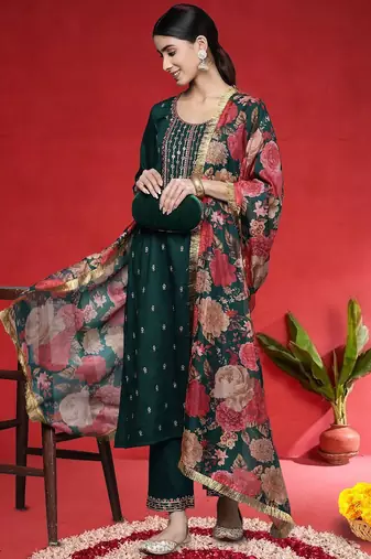 Women Embroidered Regular Sequinned Kurta with Trousers & Dupatta