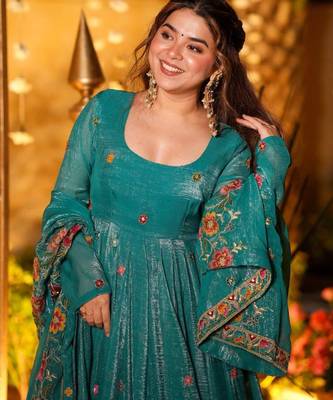Rama green embroidered crunchy silk salwar suit set with dupatta 5