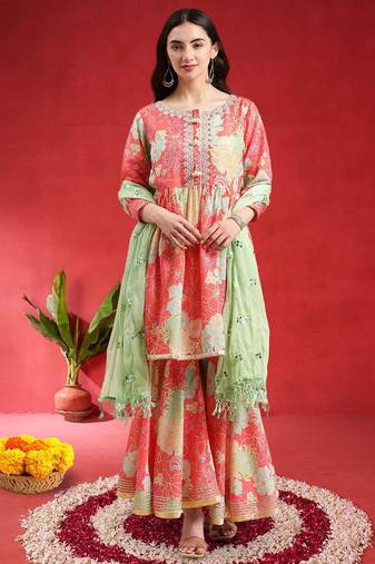 Women Floral Printed Empire Mirror Work Kurta With Sharara & Dupatta