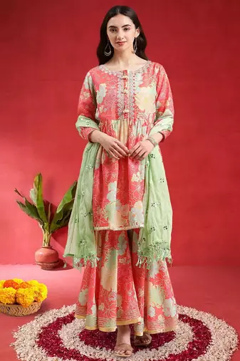 Women Floral Printed Empire Mirror Work Kurta With Sharara & Dupatta