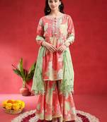 Women Floral Printed Empire Mirror Work Kurta With Sharara & Dupatta