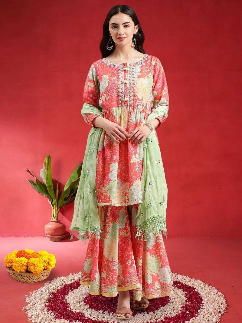 Women Floral Printed Empire Mirror Work Kurta With Sharara & Dupatta