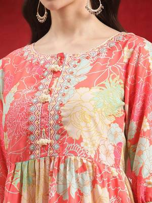 Women Floral Printed Empire Mirror Work Kurta With Sharara & Dupatta 2