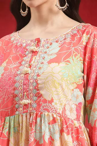 Women Floral Printed Empire Mirror Work Kurta With Sharara & Dupatta