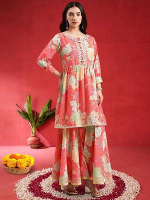 Women Floral Printed Empire Mirror Work Kurta With Sharara & Dupatta 4