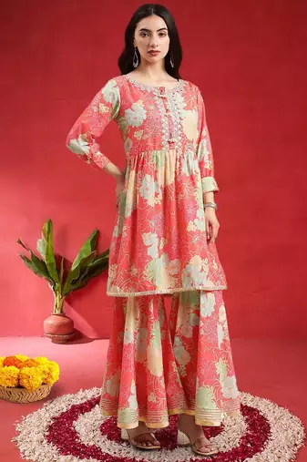 Women Floral Printed Empire Mirror Work Kurta With Sharara & Dupatta