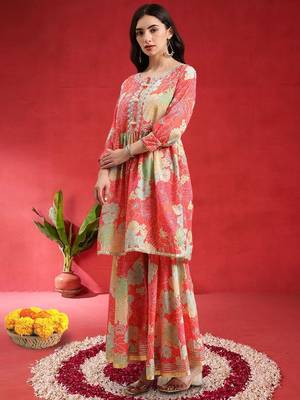 Women Floral Printed Empire Mirror Work Kurta With Sharara & Dupatta 5