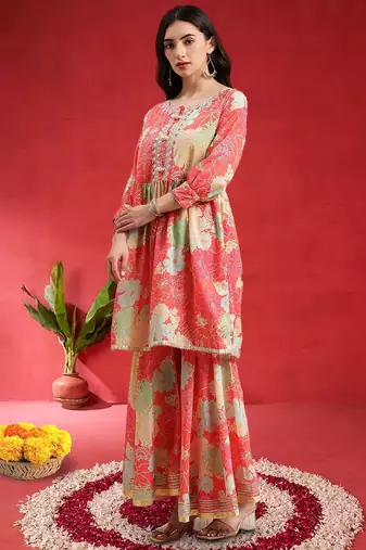 Women Floral Printed Empire Mirror Work Kurta With Sharara & Dupatta
