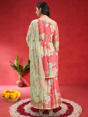 Women Floral Printed Empire Mirror Work Kurta With Sharara & Dupatta 6
