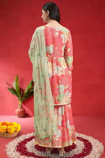 Women Floral Printed Empire Mirror Work Kurta With Sharara & Dupatta