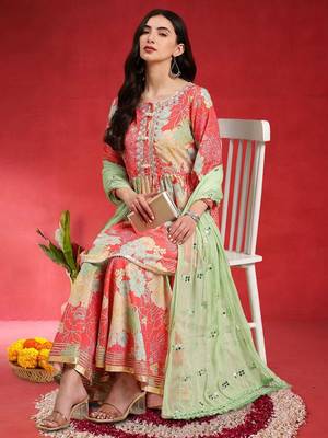 Women Floral Printed Empire Mirror Work Kurta With Sharara & Dupatta 7