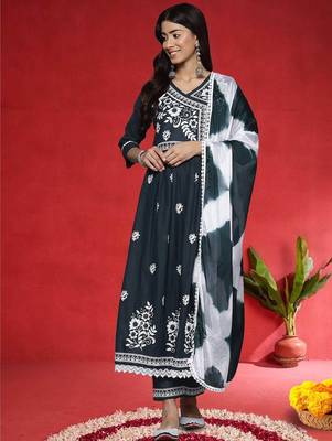 Ethnic Motifs Embroidered Angrakha V-Neck A-Line Kurta With Trousers & Dupatta 1