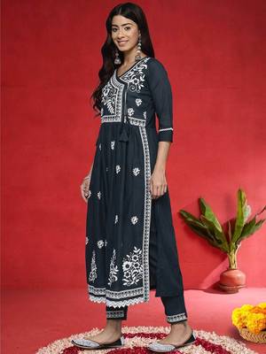 Ethnic Motifs Embroidered Angrakha V-Neck A-Line Kurta With Trousers & Dupatta 4