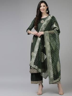 Women Green & Golden Ethnic Motifs Embroidered Kurta with Palazzos & With Dupatta 1