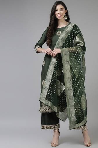 Women Green & Golden Ethnic Motifs Embroidered Kurta with Palazzos & With Dupatta
