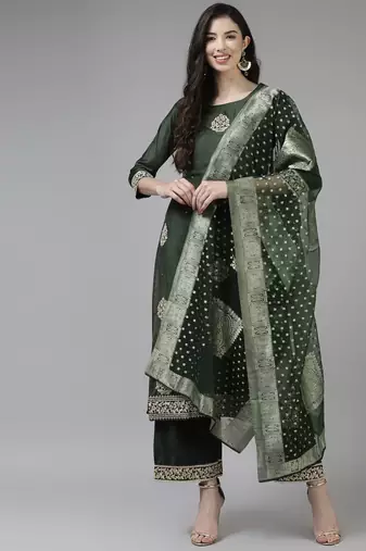Women Green & Golden Ethnic Motifs Embroidered Kurta with Palazzos & With Dupatta
