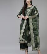 Women Green & Golden Ethnic Motifs Embroidered Kurta with Palazzos & With Dupatta
