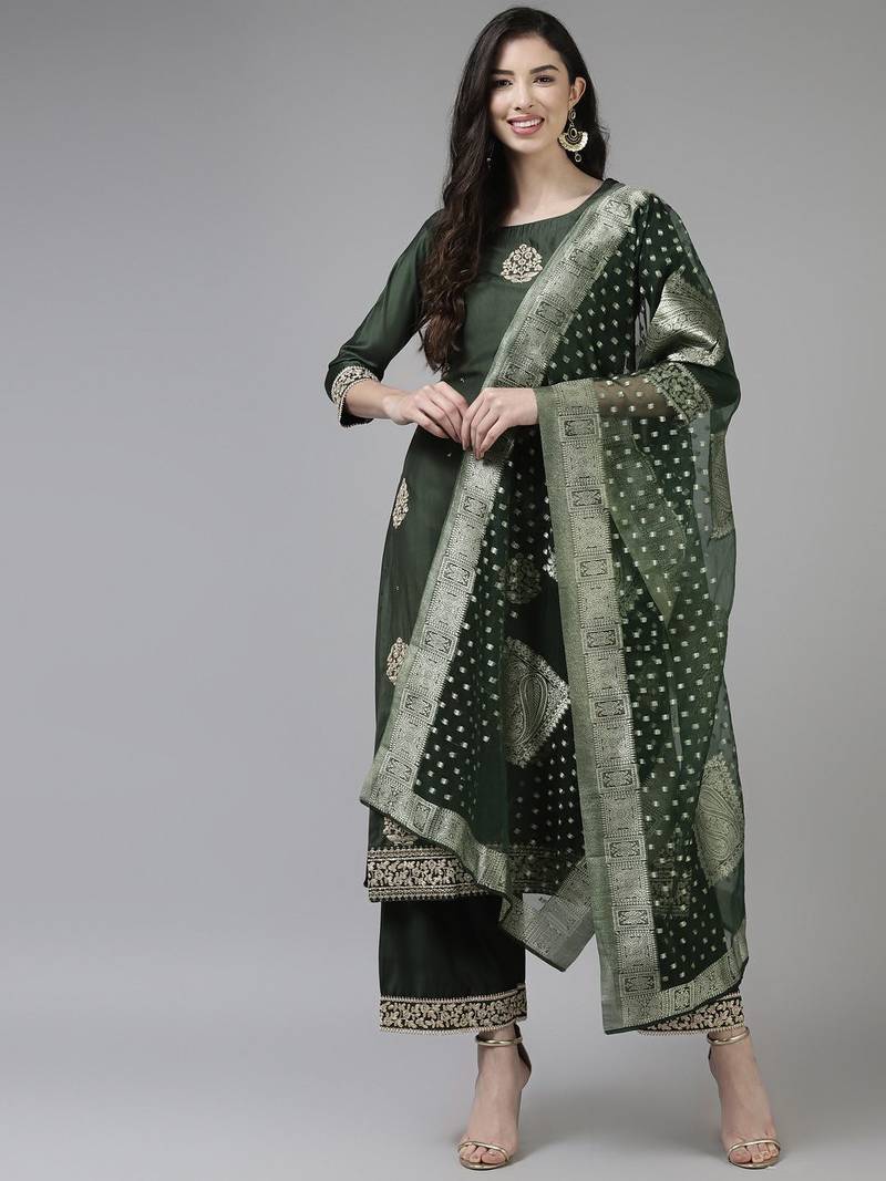 Women Green & Golden Ethnic Motifs Embroidered Kurta with Palazzos & With Dupatta