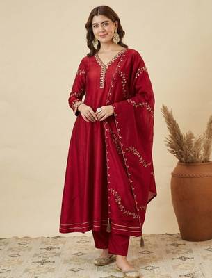 Brown embroidered shimmer silk peplum kurta with palazzo and dupatta 1