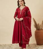 Brown embroidered shimmer silk peplum kurta with palazzo and dupatta