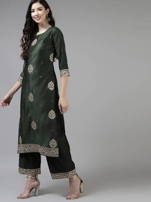 Women Green & Golden Ethnic Motifs Embroidered Kurta with Palazzos & With Dupatta 4