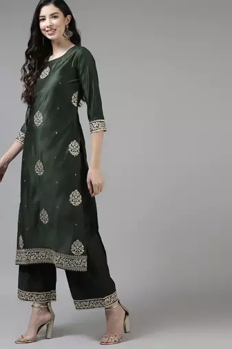Women Green & Golden Ethnic Motifs Embroidered Kurta with Palazzos & With Dupatta