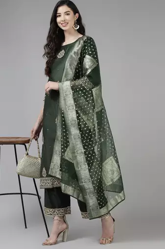 Women Green & Golden Ethnic Motifs Embroidered Kurta with Palazzos & With Dupatta