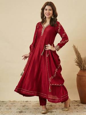 Brown embroidered shimmer silk peplum kurta with palazzo and dupatta 2