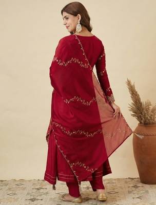 Brown embroidered shimmer silk peplum kurta with palazzo and dupatta 3