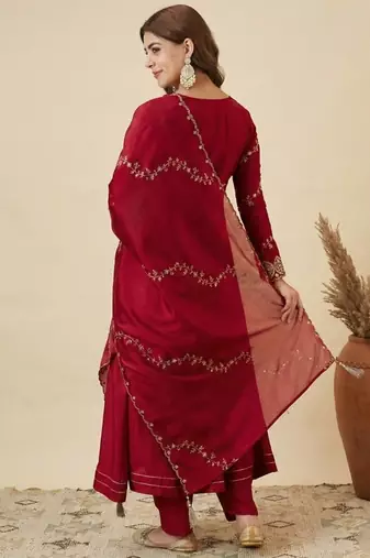 Brown embroidered shimmer silk peplum kurta with palazzo and dupatta