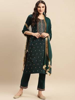 Floral Embroidered Round Neck Straight Kurta With Trousers And Dupatta 1