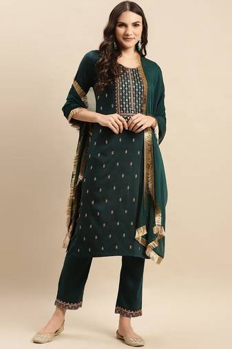 Floral Embroidered Round Neck Straight Kurta With Trousers And Dupatta