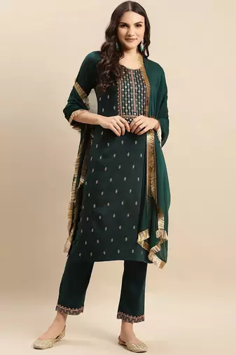 Floral Embroidered Round Neck Straight Kurta With Trousers And Dupatta