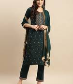 Floral Embroidered Round Neck Straight Kurta With Trousers And Dupatta