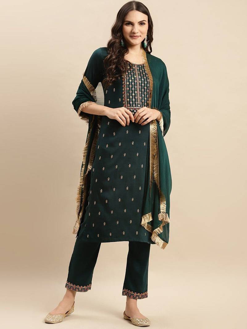 Floral Embroidered Round Neck Straight Kurta With Trousers And Dupatta