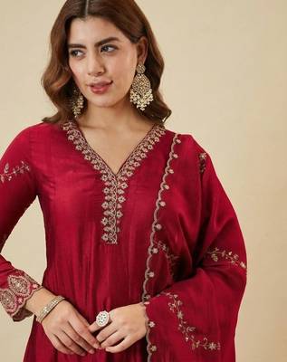 Brown embroidered shimmer silk peplum kurta with palazzo and dupatta 4