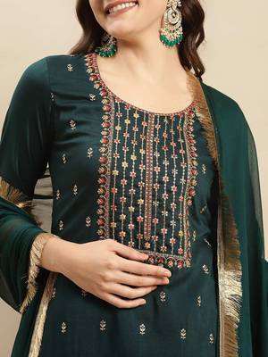 Floral Embroidered Round Neck Straight Kurta With Trousers And Dupatta 2
