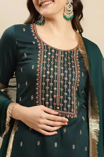 Floral Embroidered Round Neck Straight Kurta With Trousers And Dupatta