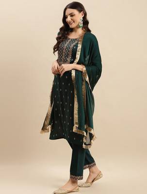 Floral Embroidered Round Neck Straight Kurta With Trousers And Dupatta 5