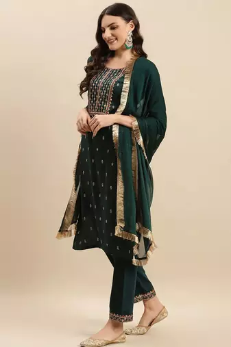 Floral Embroidered Round Neck Straight Kurta With Trousers And Dupatta