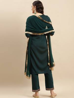 Floral Embroidered Round Neck Straight Kurta With Trousers And Dupatta 6