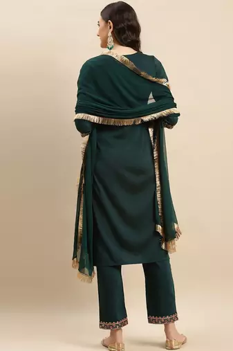 Floral Embroidered Round Neck Straight Kurta With Trousers And Dupatta