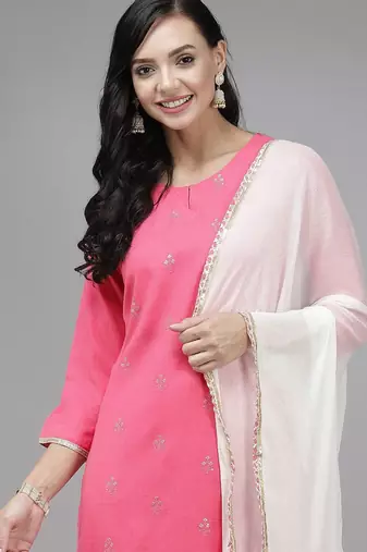 Women Pink & White Floral Embroidered Kurta with Trousers & Dupatta