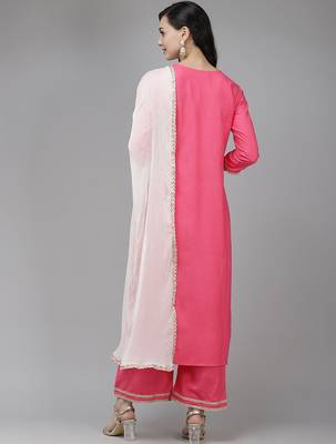 Women Pink & White Floral Embroidered Kurta with Trousers & Dupatta 7