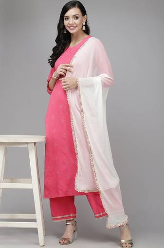 Women Pink & White Floral Embroidered Kurta with Trousers & Dupatta