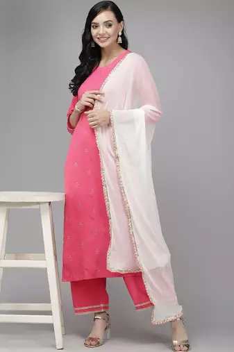 Women Pink & White Floral Embroidered Kurta with Trousers & Dupatta