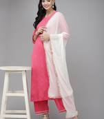 Women Pink & White Floral Embroidered Kurta with Trousers & Dupatta
