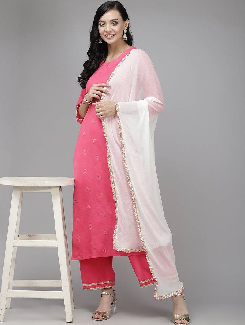 Women Pink & White Floral Embroidered Kurta with Trousers & Dupatta