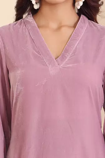 V-Neck Velvet Straight Kurta With Trousers